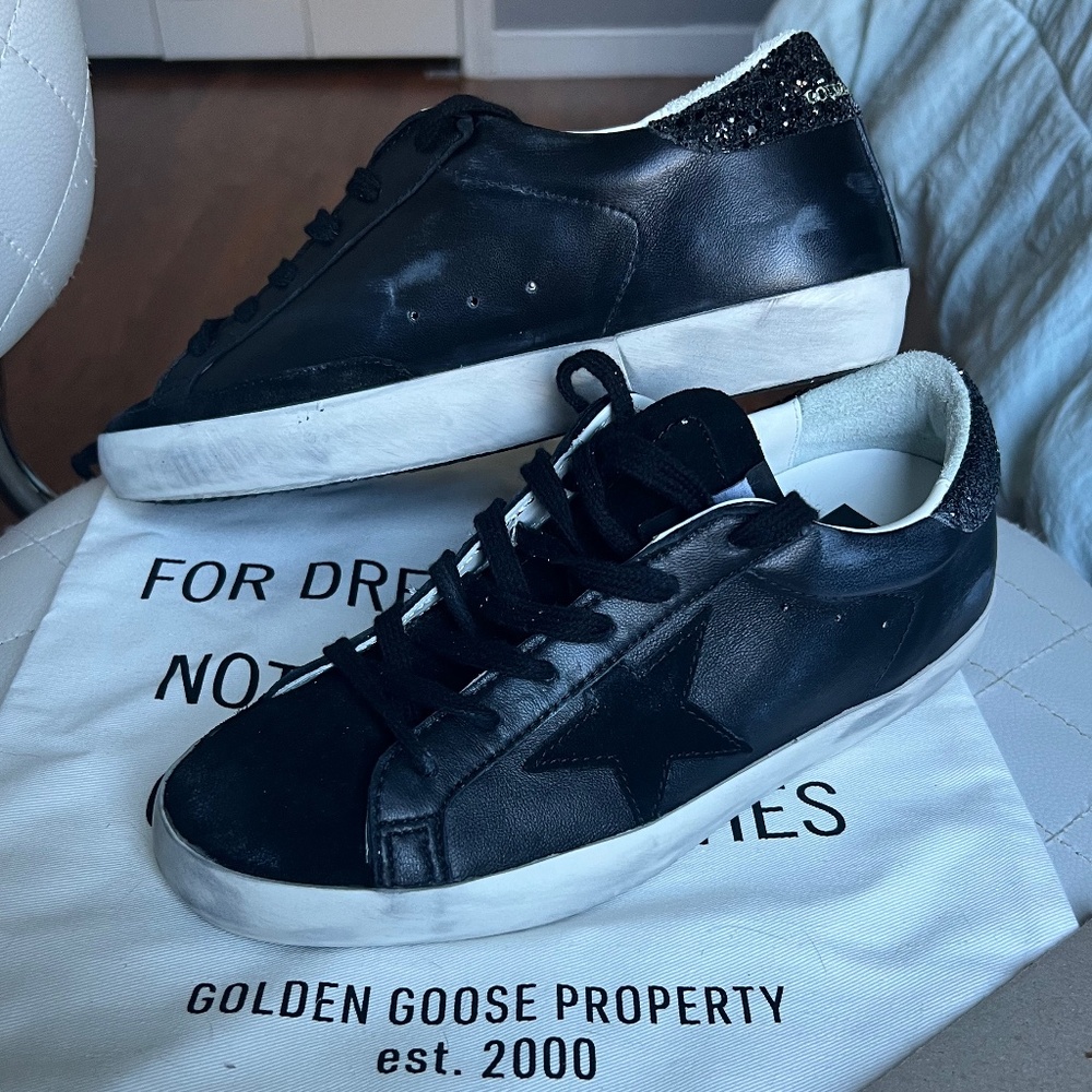 Women's Super-Star in Black Nappa with Black Star and Glitter Heel Tab